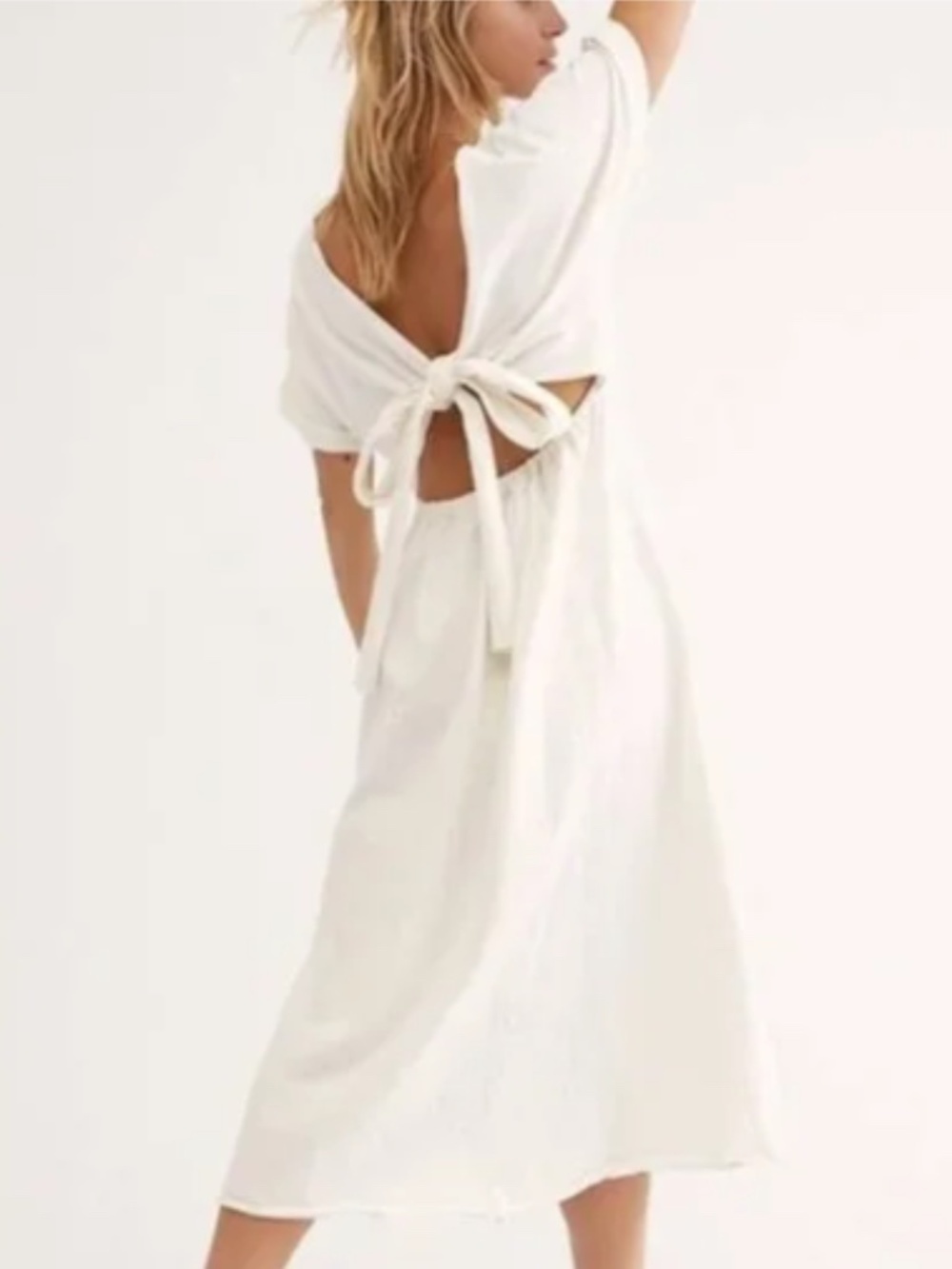 Free People FB Beach White Sorrento Short Sleeve Tie Back Boho Maxi Dress Size S